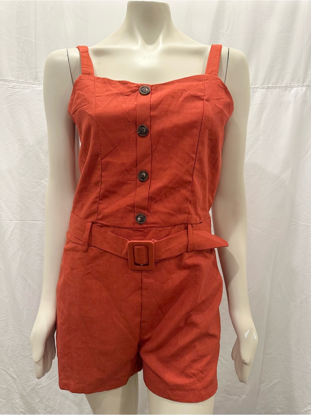 Linen and Cotton Rust Button-Belted Romper